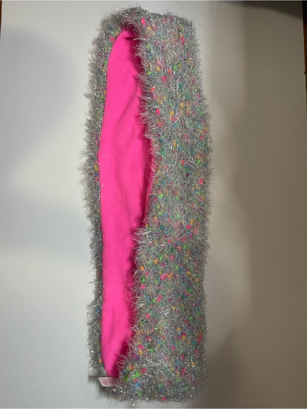 Justice Fuzzy Sparkly Scarf with Bright Pink Lining and Multicolor Accents